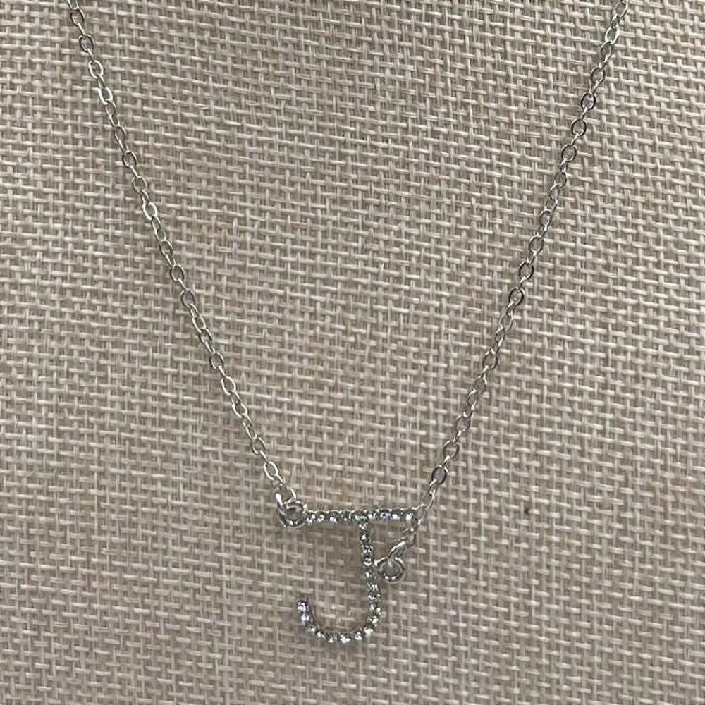 Vintage Dainty Silver Initial J Pendant Necklace Clear Rhinestone Alphabet Charm